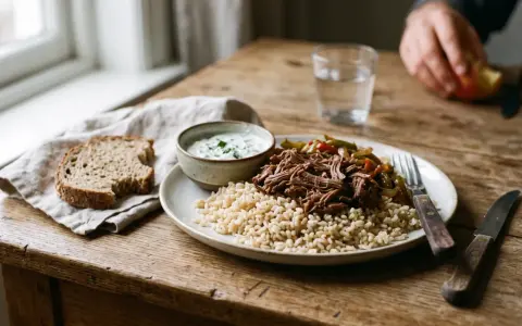 Assiette de riz brun, effiloché de bœuf et légumes, avec une sauce blanche et du pain. Une alimentation équilibrée pour la musculation.