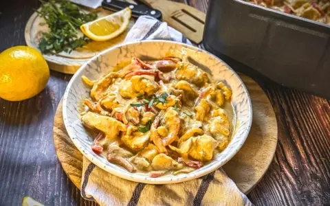 Cremiges Hähnchengeschnetzeltes mit Paprika in einer Schüssel, garniert mit Kräutern. Ein leckeres geschnetzeltes rezept.