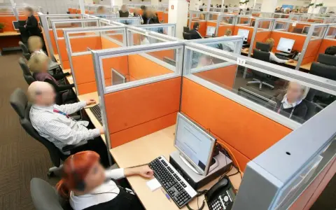 Wielostanowiskowe biuro, gdzie pracownicy obsługują telefony i komputery. W tle widać wiele przegródek, co może sugerować pra group nękanie.
