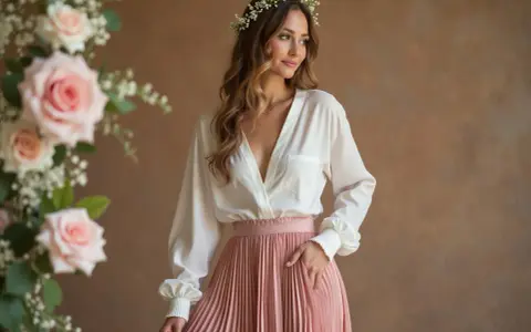 Elegant hochzeitsgast rock mit bluse hochzeit. Eine Frau mit Blumenkranz trägt eine weiße Bluse und einen rosafarbenen Faltenrock.