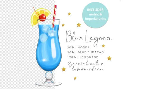 Ein leuchtend blauer Blue Lagoon Cocktail mit Eiswürfeln, garniert mit Zitrone und Kirsche. Rezeptangaben sind sichtbar.
