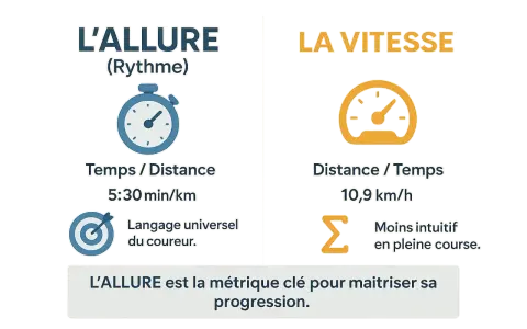 Comparaison entre allure (temps/distance) et vitesse (distance/temps). L'allure aide à calculer une vitesse intuitivement.