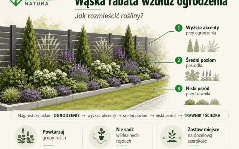 Wąska rabata przy płocie z warstwami roślin: wysokie przy ogrodzeniu, średnie pośrodku, niskie przy trawniku.