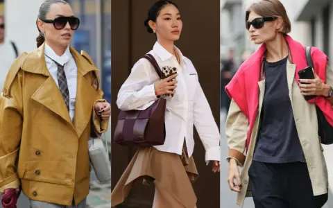 Trzy kobiety prezentują modne stylizacje z elementami color blocking: musztardowa kurtka, brązowa torebka i beżowy płaszcz z fuksjową narzutką.