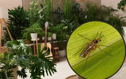 Mały owad na liściu, być może ziemiórka. W tle bujna roślinność i gitara. Czosnek na ziemiórki może pomóc w walce z tymi szkodnikami.