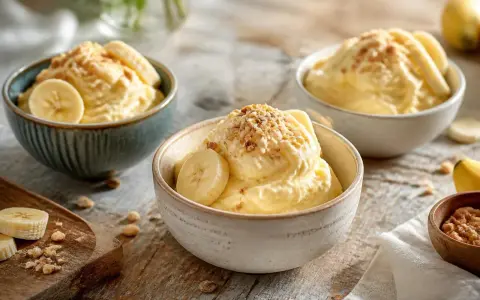 Cremiges Bananensirbet in Schalen, garniert mit Bananenscheiben und Nüssen. Ein erfrischender Genuss!