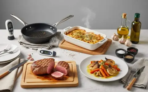 Filet de porc rôti, gratin fumant, légumes rôtis et thermomètres de cuisson. Idéal pour le temps de cuisson parfait d'un filet de porc au four.