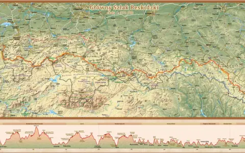 Mapa turystyczna z zaznaczonym czerwonym szlakiem beskidzkim, biegnącym przez góry od zachodu na wschód.