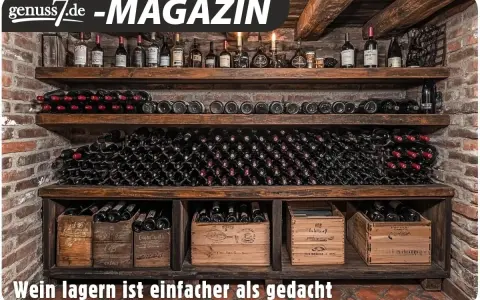 Holzregale mit zahlreichen Weinflaschen, teils liegend, teils stehend in Holzkisten. Perfekte wein aufbewahrung für Genießer.