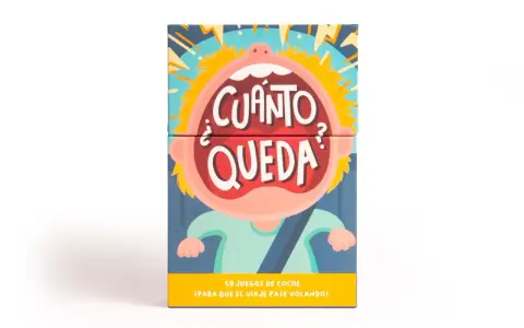 Caja de juegos para el coche de niños con un dibujo de una cara gritando "¿Cuánto queda?". ¡50 juegos para que el viaje pase volando!