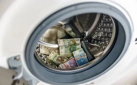 Stosy polskich banknotów w pralce, sugerujące pranie pieniędzy.