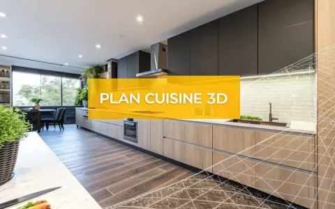 Cuisine moderne avec îlot central, présentée en 3D. Idéal pour votre projet de logiciel conception cuisine gratuit.