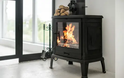Un feu crépite dans ce cee poele a bois noir, prêt à réchauffer la pièce. Des bûches attendent sur le dessus.