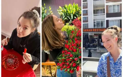 Uśmiechnięta dziewczyna przy stole z papryką, z bukietem tulipanów i przed restauracją Sanah.