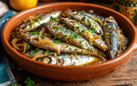 Sardinas en escabeche, un plato tradicional con cebolla y perejil, servido en una cazuela de barro.