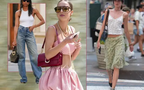 Three women showcase y2k era fashion: one in baggy jeans and a white tank, another in a pink tweed set, and a third in a floral skirt and cherry-print top.