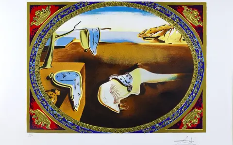 Paysage surréaliste de Dali Salvatore avec des montres molles, un paysage désertique et une forme humaine étrange.