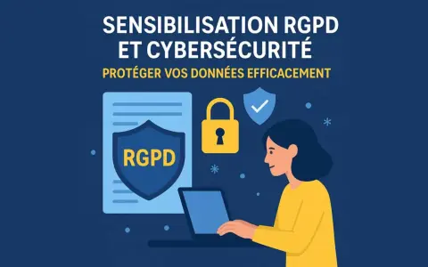 Sensibilisation RGPD et cybersécurité : une définition pour protéger vos données. Icônes de cadenas, bouclier et personne sur ordinateur.
