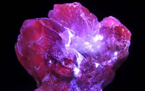 Cristallo rosso intenso, illuminato da luce viola, che fa pensare a qual è la pietra più preziosa al mondo.