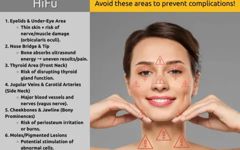 Evitare zone come occhi, collo e mento per prevenire effetti collaterali degli ultrasuoni focalizzati.