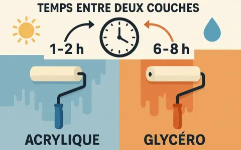 Temps entre deux couches de peinture : 1-2h pour l'acrylique (soleil), 6-8h pour la glycéro (goutte d'eau).