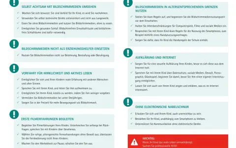 Tabelle mit Empfehlungen zum Medienkonsum von Kindern: Achtsamkeit, Grenzen, Aufklärung und reale Erlebnisse sind wichtig.