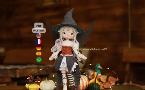 Adorable bruja amigurumi con sombrero puntiagudo y alas. ¡Descarga el patrón gratis en PDF para crear tu propia bruja!