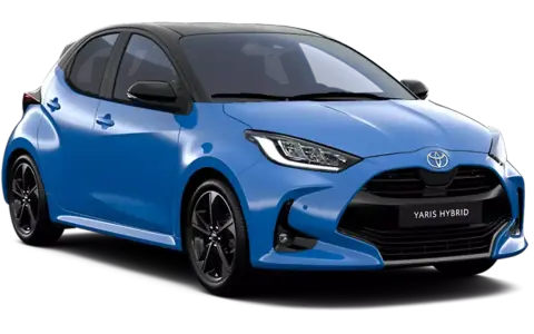 Niebieski Toyota Yaris Hybrid z czarnym dachem. Sprawdź aktualną toyota yaris cena i wybierz swój wymarzony samochód.