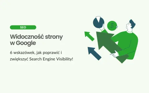 Ilustracja przedstawia mężczyznę trzymającego strzałkę w górę, symbolizującą wzrost. Obok znajdują się wykres kołowy i symbol dolara, sugerujące sukces w pozycjonowaniu organicznym.