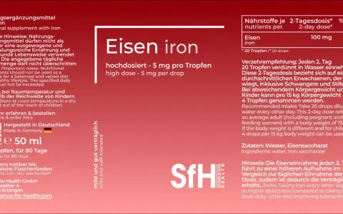 Eisen iron Tropfen: 20 Tropfen jeden 2. Tag für bessere Aufnahme und Verträglichkeit.