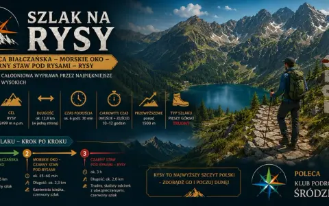 Wędrowiec na szlaku z widokiem na Morskie Oko i góry. Trasa prowadzi przez Palenicę Białczańską, Morskie Oko, Czarny Staw pod Rysami, aż na Rysy.