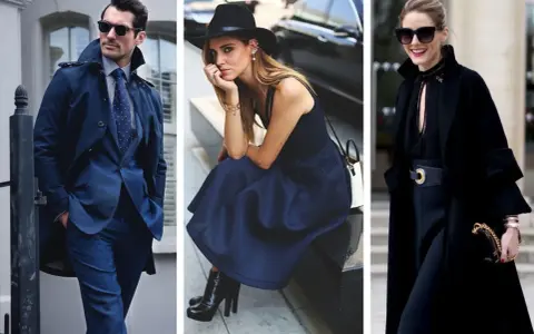Donna con vestito blu e scarpe nere, un uomo in abito blu e una donna in nero.