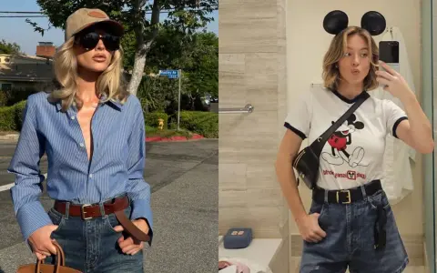 Due donne mostrano come indossare cintura donna: una con camicia a righe e jeans, l'altra con t-shirt Disney e shorts.