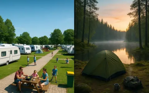 Dwa ujęcia: słoneczny kemping z przyczepami i bawiącymi się dziećmi, oraz namiot nad jeziorem o wschodzie słońca. Idealne miejsca na wdzydze camping.