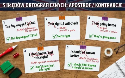 5 błędów ortograficznych: apostrof po angielsku. Przykład: "it's" vs "its", "you're" vs "your", "they're" vs "their", "isn't" vs "isnt", "should've" vs "should of".