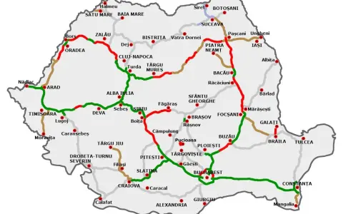 Mapa drogowa Rumunii z zaznaczonymi miastami i trasami. Wjazd do kraju od zachodu, przez Nădlac i Arad.