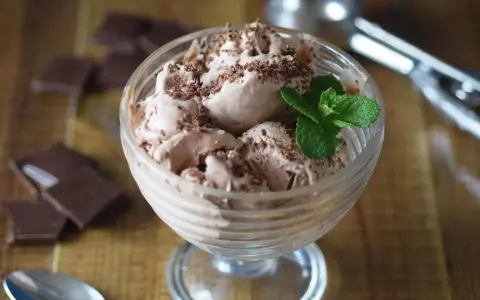 Delicioso helado de chocolate con virutas de chocolate y una hoja de menta, servido en copa de cristal.