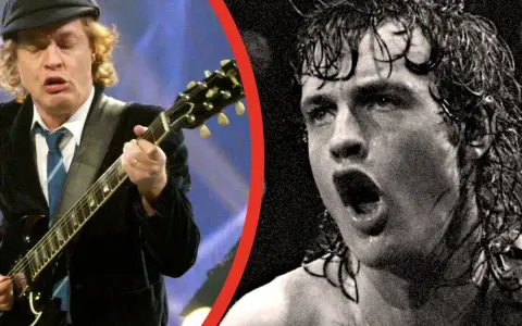 Gitarzysta AC/DC w czapce i krawacie gra na gitarze. Obok jego wizerunek z mokrymi włosami i otwartymi ustami.