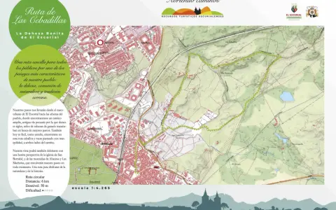 Mapa de rutas san lorenzo del escorial, destacando la "Ruta de Las Cebadillas" a través de la dehesa, un camino histórico para el ganado.