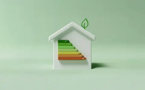 Casa blanca con escala de eficiencia energética, destacando la aerotermia CE3X para un hogar sostenible.