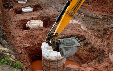 Koparka zasypuje betonem fundament palowy w wykopie. W tle widać kolejne przygotowane do zalania pale.