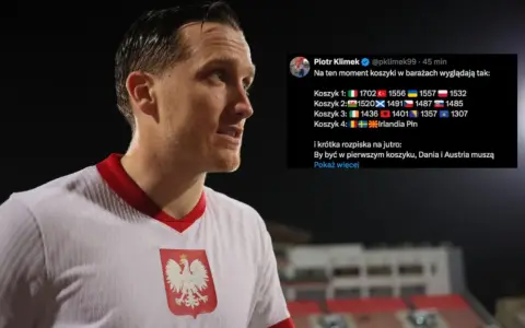 Piłkarz w koszulce z orłem na piersi, obok wpis o koszykach w barażach, kiedy mecze reprezentacji Polski w piłce nożnej.