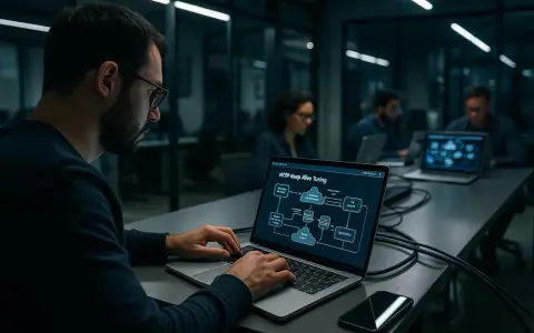 Ein Mann mit Brille tippt auf einem Laptop, auf dem ein Diagramm mit dem Titel "HTTP Keep Alive Turing" zu sehen ist. Er arbeitet daran, die Verbindung am Leben zu halten.