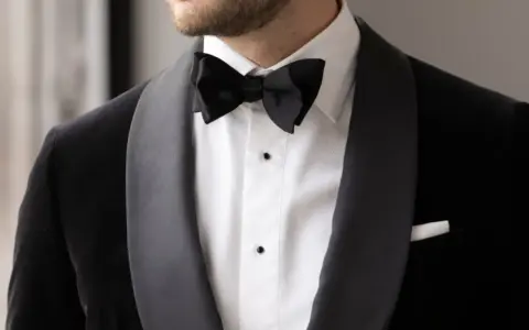 A man wears a sharp black suit with a crisp white shirt and a black bow tie, ready for a formal occasion.