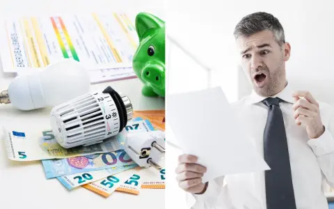 Chockad man ser en elräkning. Glödlampa, element och sedlar antyder höga kostnader, kanske relaterade till kw vs kwh.