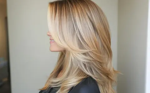 Kobieta z pięknymi, warstwowymi włosami w odcieniu ombre blond.