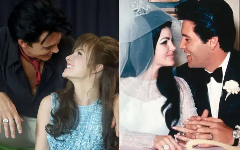 Kadr z filmu o Elvisie: Austin Butler jako młody Elvis i Priscilla Presley, obok ujęcie z ich ślubu.