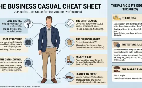 Guida al business casual: un uomo con giacca blu, maglione grigio e chino beige. Il fit ideale è il **regular fit**, che segue la forma del corpo senza stringere.