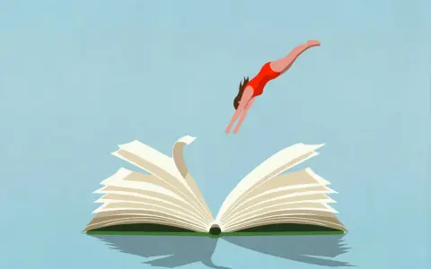 Una persona in costume da bagno rosso si tuffa in un libro aperto, simbolo di avvincenti libri che ti trasportano in mondi fantastici.