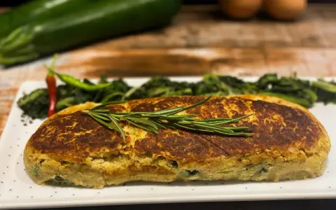 Polpettone di verdure dorato, guarnito con rosmarino, servito con contorno di verdure verdi e peperoncino.
